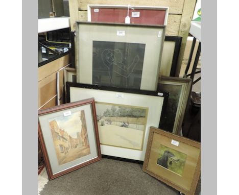 A collection of pictures and prints, to include a watercolour of a park scene