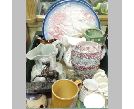 A box of items to include a spelter figure of a horse, a bronzed figure of Falstaff, a German wall plaque, weights and variou