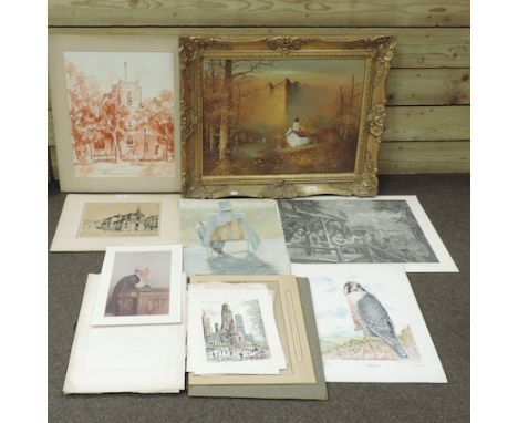 A collection of pictures and prints, to include a 19th century landscape, oil on canvas, 44 x 59cm