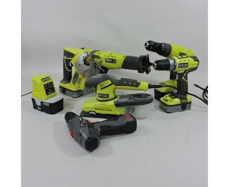 A collection of Ryobi power tools, to include a reciprocating saw, sander, jigsaw and drills, most rechargeable