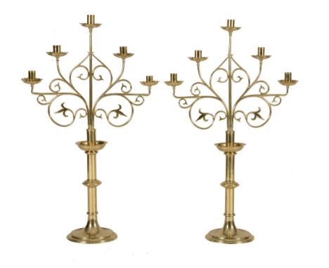 A pair of brass five light candelabra in Gothic style, early 20th century  A pair of brass five light candelabra in Gothic st