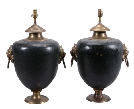 A pair of large painted-metal globular lamp bases  A pair of large painted-metal globular lamp bases  , each with a pair of l