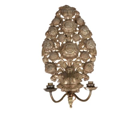 A pair of Dutch brass twin light wall appliques  A pair of Dutch brass twin light wall appliques,   late 18th century with la