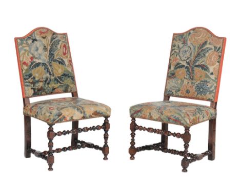 A pair of walnut and tapestry upholstered side chairs in Charles II style  A pair of walnut and tapestry upholstered side cha