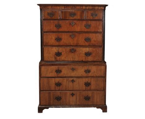 A George II walnut chest on chest, circa 1740  A George II walnut chest on chest,   circa 1740, the moulded cornice above thr