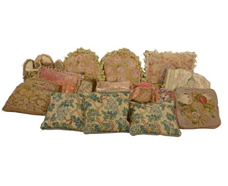A set of three velvet cushions with 18th century style needlework depicting...  A set of three velvet cushions with 18th cent