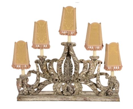 An Italian carved and silvered wood five light candelabrum  An Italian carved and silvered wood five light candelabrum,   pro