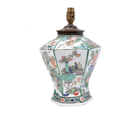 A Chinese famille verte hexagonal vase , painted with panels of precious...  A Chinese famille verte hexagonal vase  , painte