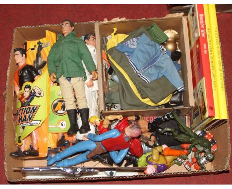 A box containing mixed Action Man figures, other action figures, Action Man Actic Kit etc