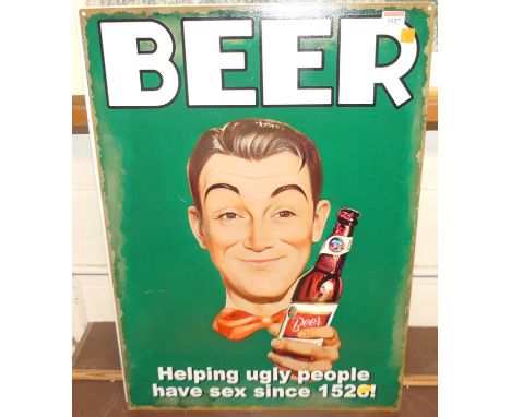 A lithograph printed tin humorous sign for beer, 70 x 50cm