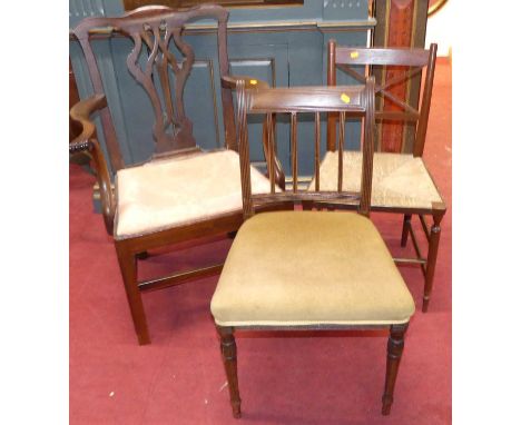 A collection of various 19th century chairs, to include; Chippendale style elbow chair, two barback East Anglian panel seat c