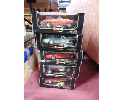 1:18 scale Burago models to include Jaguar Cabriolet, Chevrolet Corvette, Ferrari Testarossa etc 