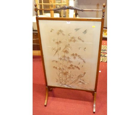 An Edwardian mahogany and embroidered silk inset fire screen, w.63.5cm 