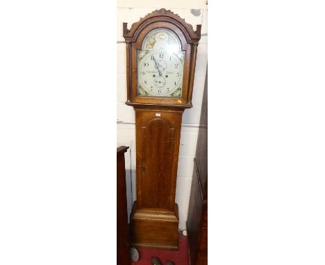 A circa 1800 provincial oak longcase clock, the arched painted dial signed J. Spendlove Thetford, with twin winding holes, su