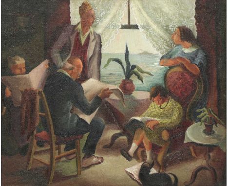 *Mary Hoad (1908-1968) Family group reading by an open window with a view of the sea signed and dated 'Mary Hoad 1937' l.l., 