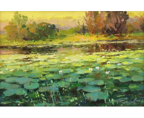 Yuri Kuchinov (Russian, b.1951) 'Lily pond' signed in Cyrillic l.l., also signed verso, oil on canvas 24.5 x 35cmCondition re