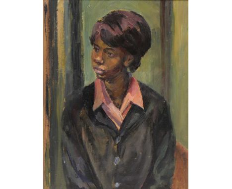 *Sylvia Bergin Rowley (1904-1999) 'Young Girl', c.1970s signed and inscribed on exhibition label verso, oil on board 51 x 40c