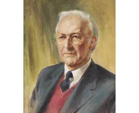 *Peter Walbourn (1910-2002) Portrait of a gentleman, bust-length in a blue suit and tie with red jumper signed with monogram 