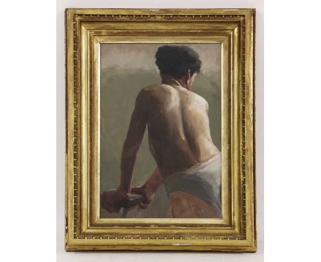 English School, c.1930s Study of a young man leaning on a stool oil on canvas laid down on board 72 x 45cmCondition report: C