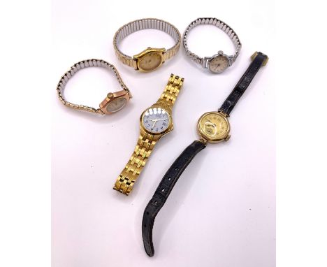 A ladies stainless steel Tissot wristwatch on articulated strap, together with a yellow metal Helvetia wristwatch (unmarked, 