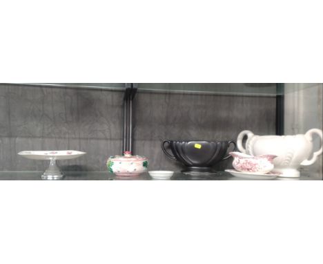 A Tek Sing Cargo Chinese Saucer, 9cm diameter, black Dartmouth Pottery vase, 31cm wide, Crown Ducal sauceboat, a white vase, 