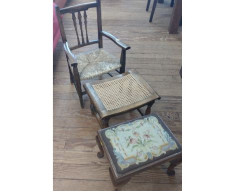 A child's rattan base chair with slatted back, together with a rattan stool, and a tapestry stool. (3) 