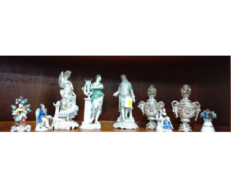 European porcelain including pair of courting figures, 22.5cm (man with damage to knee ribbon and cuff-band) (lady with damag