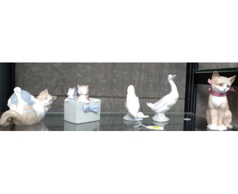 Two Nao geese, two Nao cats and a Japanese cat. 10cm to 15.5cm. (5) 