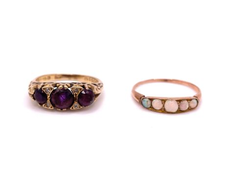 A 9ct yellow gold and amethyst ring, set with three round-cut amethysts size J 1/2, 2.5 grams, together with a rose gold and 