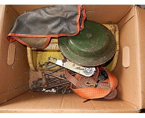 Box of tools etc including 3 oil cans