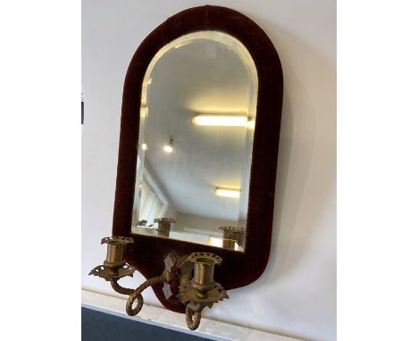 Victorian mirrored wall sconce with velvet surround and beveled mirror with two brass candle holders 47x26 cm