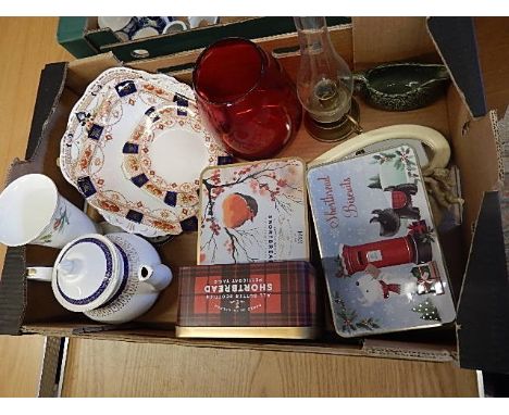 assorted items to include china, tins and oil lamp