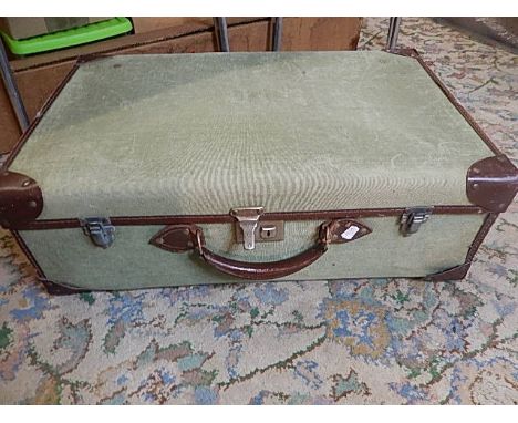 Vintage suitcase light green with leather trim