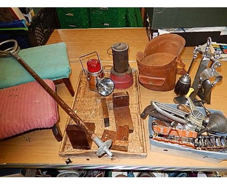 a mixed lot of vintage collectables to include vintage tools, stool, sump heater, lantern etc