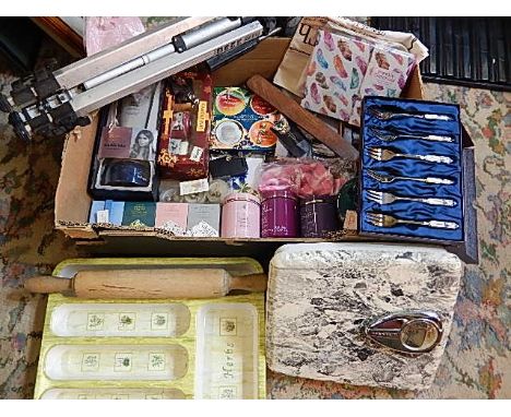 box of assorted items to include soaps, candles, gifts, scales etc