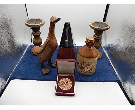 assorted items to include candlesticks, duck (broken leg) metronome (a/f) football medal
