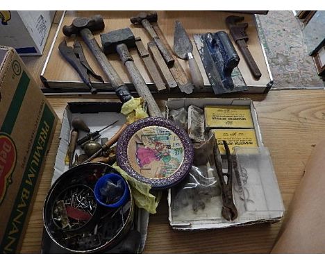 various workshop hand tools including lead hammer, 2 long, i small wood and brass spirit levels, wood and brass folding measu