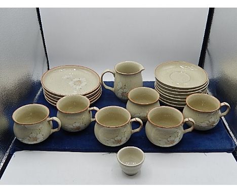 Denby china, 5 plates, 7 saucers, 5 mugs, sugar bowl (chipped) milk jug