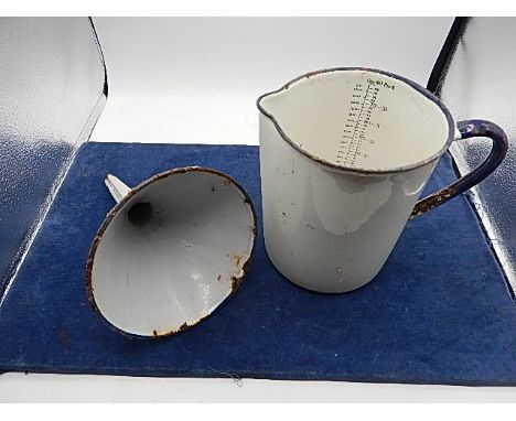 Vintage Enamel Ware Jug , Funnel and 3 trays  ( largest 14 x 12 inches ) and 3 plastic ones
