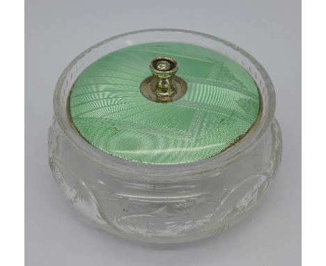 A silver enamel and glass powder bowl, enamel a/f
