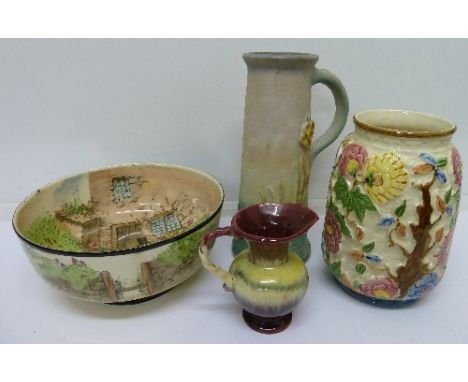 A Royal Doulton bowl, pattern D4210 a/f, a small West German jug, a Radford vase and a Danesby Ware vase