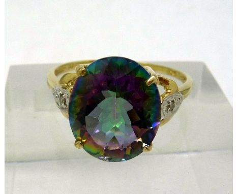 A 9ct gold, mystic topaz and diamond ring, weight 2.1g, size O