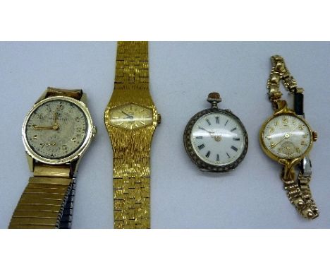 Two lady's wristwatches, a fob watch and an Ingersoll wristwatch