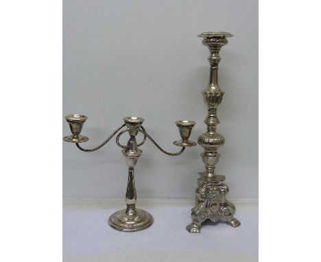 A plated candelabra and a candlestick