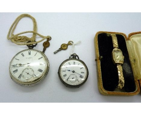 A silver fusee pocket watch, a silver fob watch and a lady's 9ct gold wristwatch