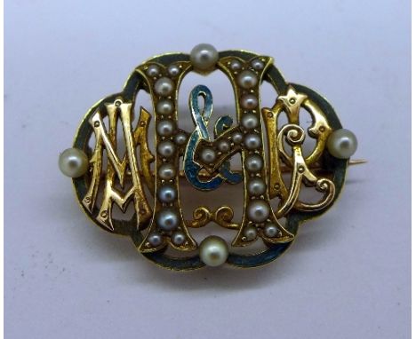 A gold, pearl and enamel brooch, weight 5.2g