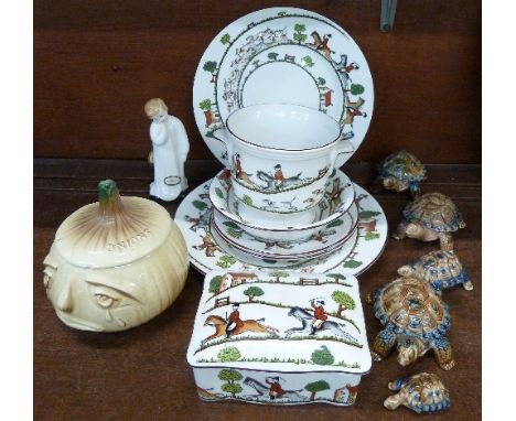 A Royal Doulton figure, Darling, HN1985, Charles Vyse, Hunting Scene china, vase a/f, a face pot a/f, and five Wade tortoises