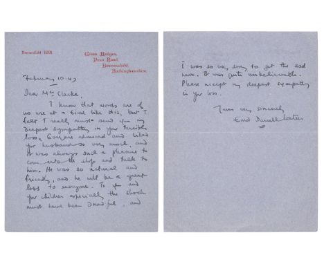 * Blyton (Enid, 1897-1968). Autograph letter signed, 'Enid Darrell Waters', Green Hedges letterhead, 10 February 1947, to Mrs