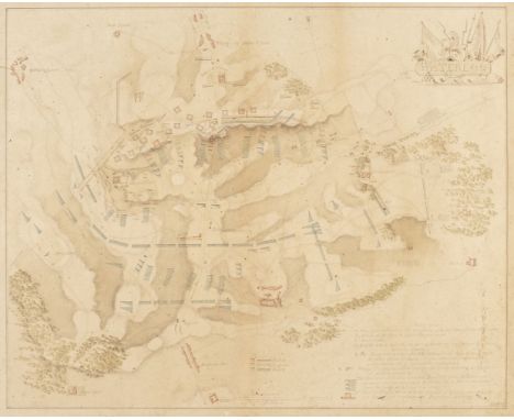 Battle of Waterloo. Manuscript Map, circa 1815, pen and watercolour battle plan, martial cartouche, key plan in pencil, some 