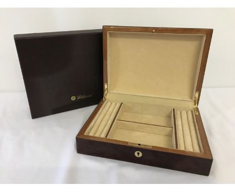 A new &amp; boxed, red Birdseye maple jewellery box by Walwood. Cream velveteen lining with ring/earring cushions and 2 compa